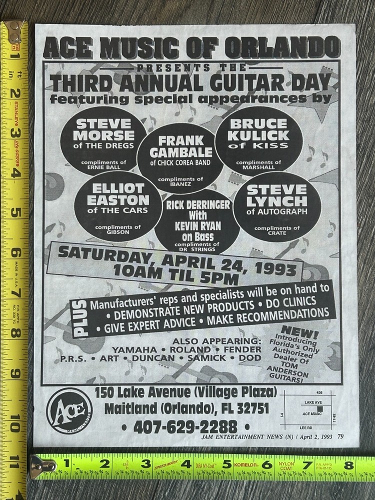 KISS Ad BRUCE KULICK Guitar Clinic Ace Music Orlando FL 1993 Vintage Kiss