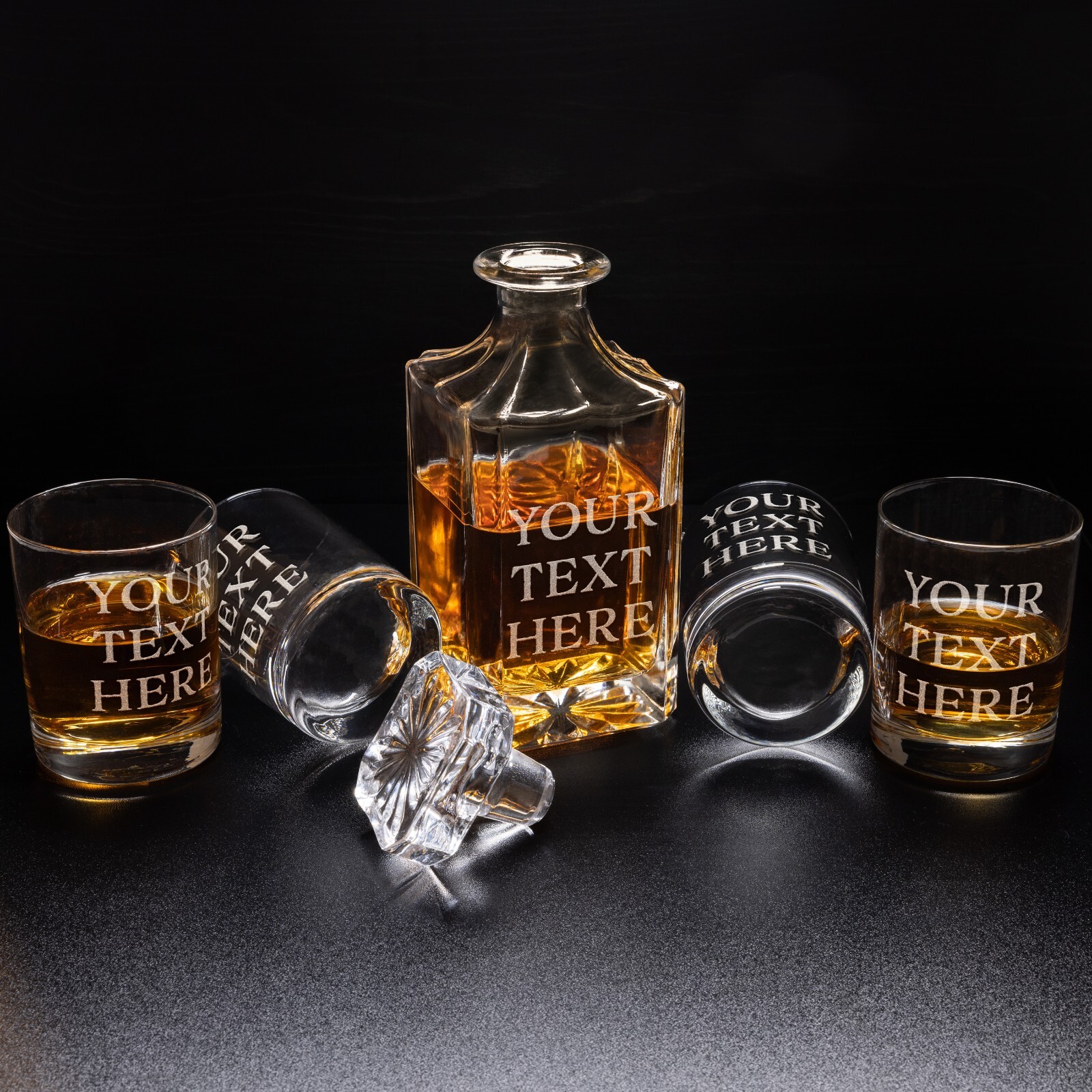 Custom Text Whiskey Decanter & Drinking Glasses Set - Engraved Whisky Glassware