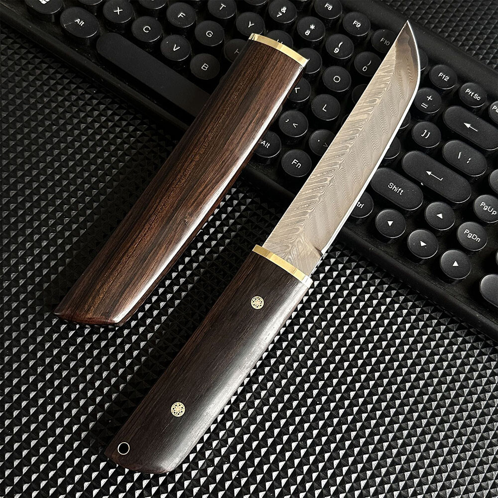 VG10 Damascus Knife Ebony Wood Handle Sheath Full Tang Outdoor Camping EDC Tool