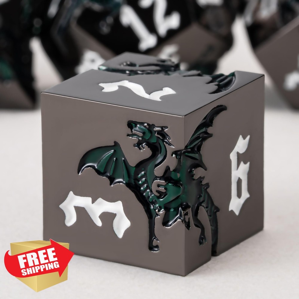 Metal DND Dice Set Sharp Edge Dragon Polyhedral RPG TTRPG 7-Die Case