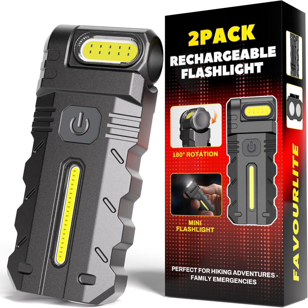 2PACK LED Flashlight Rechargeable, 600 Lumens Portable Flat Mini Flashlights wit