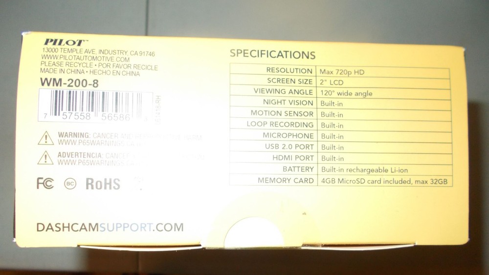 Pilot 2" lcd dashcam w/ motion sensor mode suction cup mount 4GB card