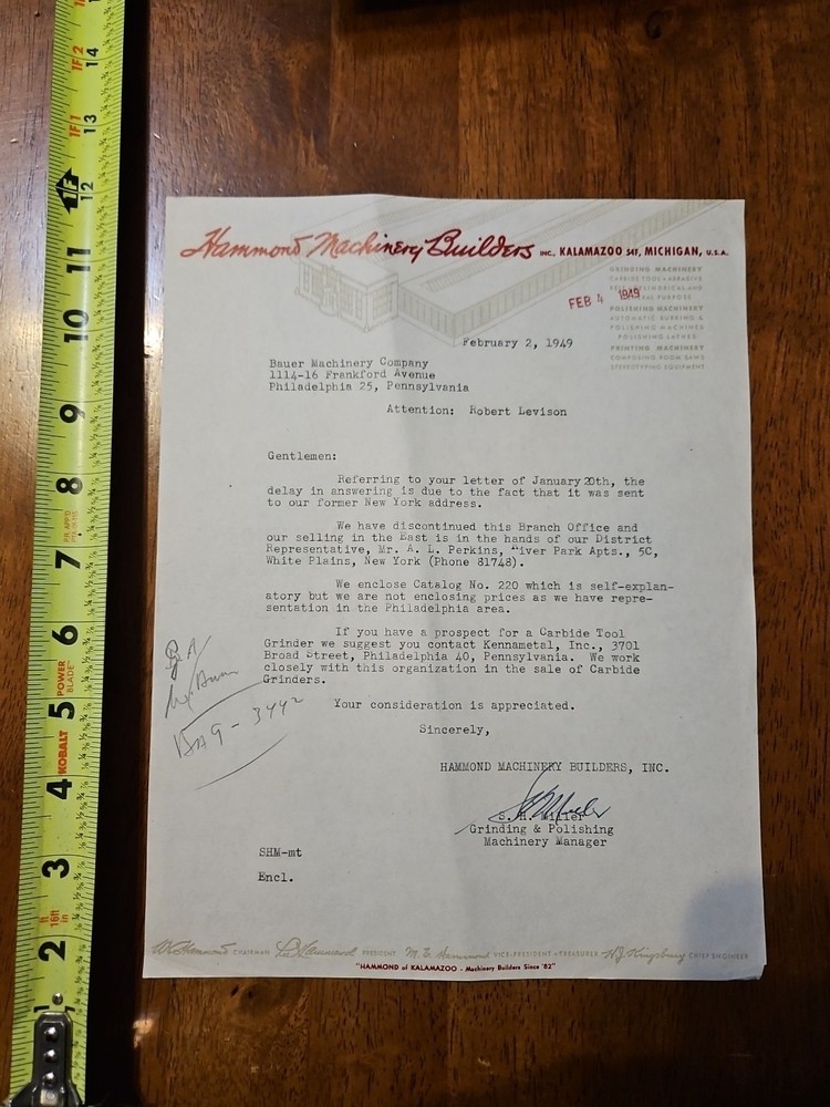 HAMMOND MACHINERY BUILDER LETTERHEAD 1949 MACHINE