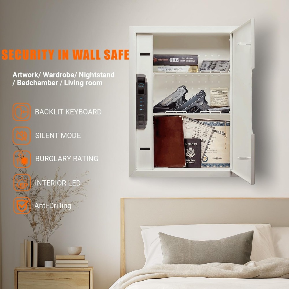 Quick Access Wall Safe with Finger Vein Recognition Lock White Wall Safes wit...