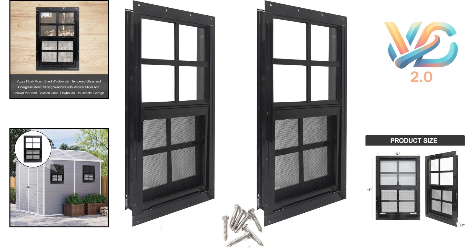 2 Pack 12x18 Shed Windows Aluminum Frame Tempered Glass Fiberglass Screen Black