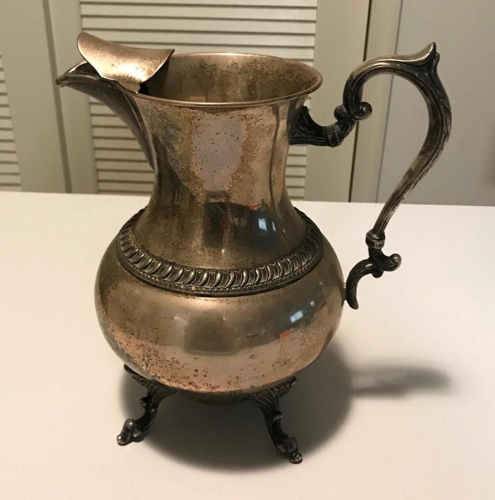 Antique Ornate Silverplate on Copper Water Pitcher w Ice Guard - stamped