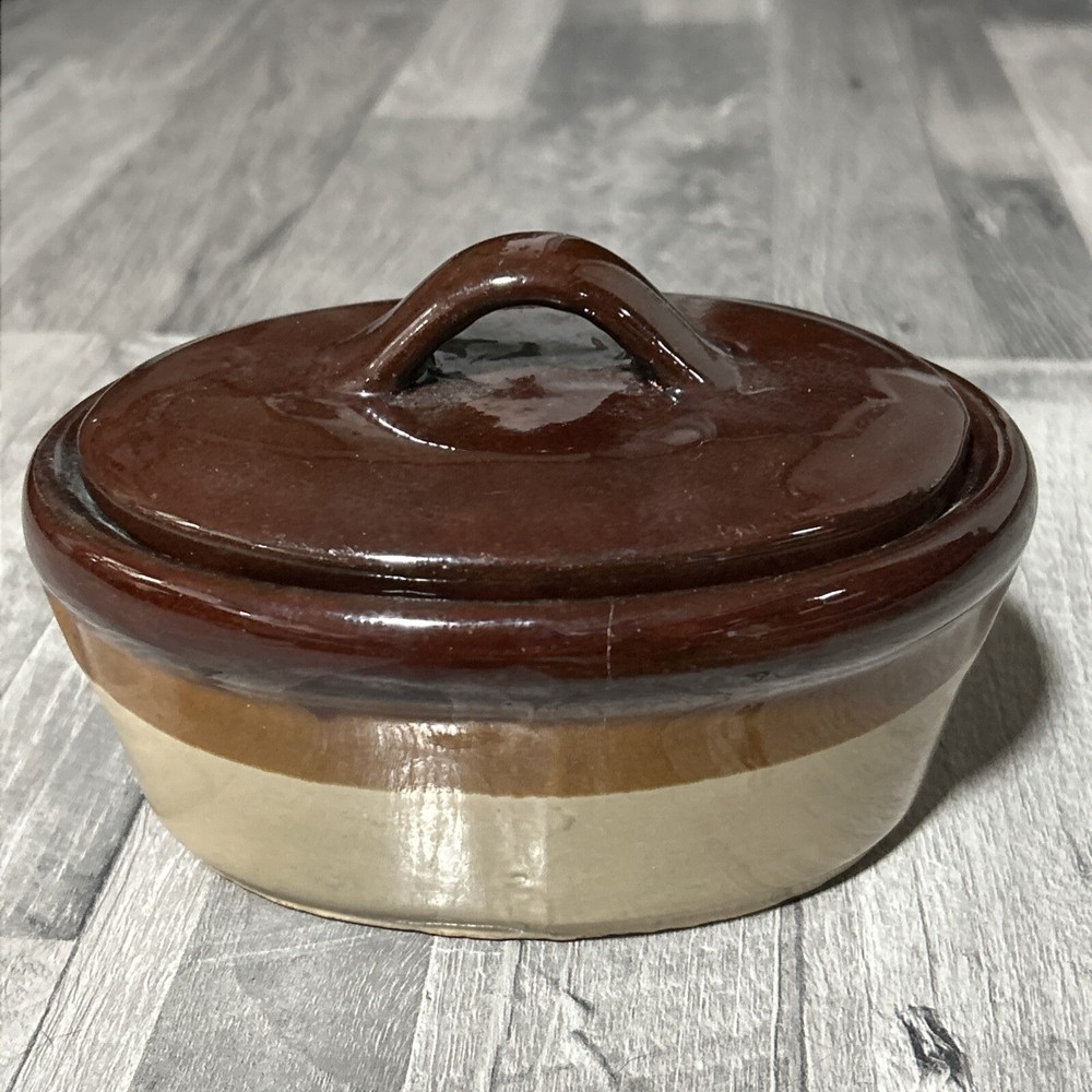 Vintage Two-Tone Brown Ceramic 1 Quart Covered Casserole