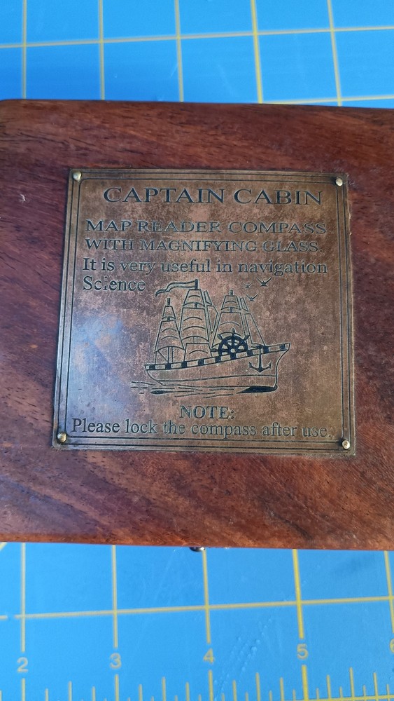 Captain's Cabin Compass in Wood Box Replica Map Reader Compass with Magnifier