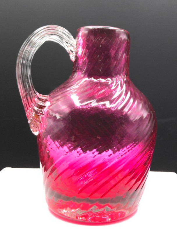 Mini Hand-Blown Cranberry Glass Jug with Handle Unsigned