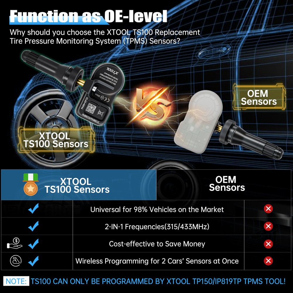 4PCS XTOOL TS100 Tire Pressure Sensor 315&433MHz Programmable Universal Rubber