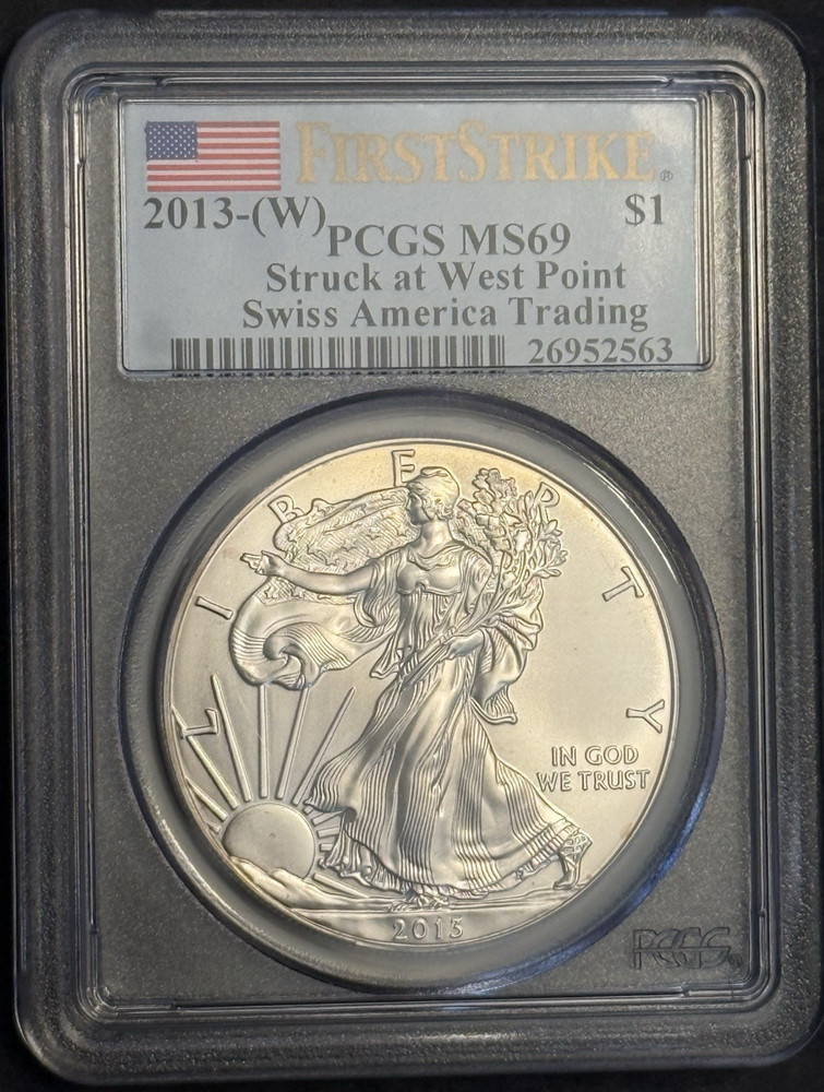 2013-(W) Silver Eagle PCGS MS69 First Strike Flag Label Struck at West Point