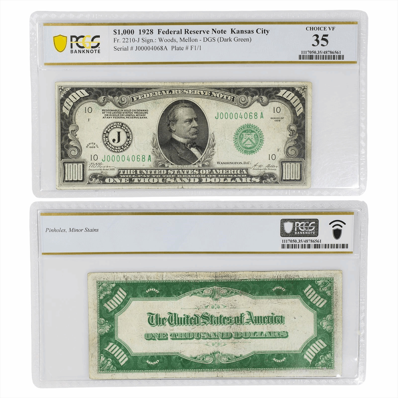 1928 $1000 US Federal Reserve Note Kansas City MO Fr#2210-J PCGS Very Fine 35