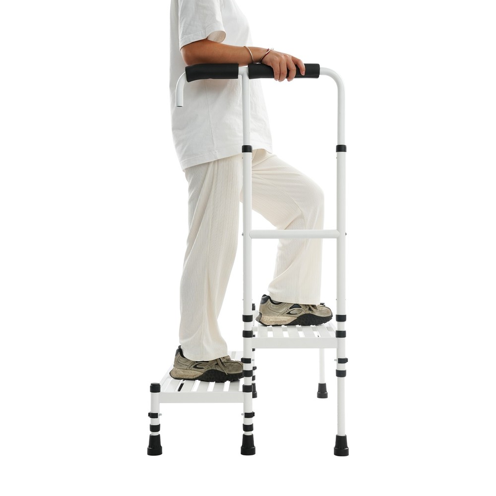 2-Step Stool with Handle, Floor Standing Metal Stepping Stool, White Step Stool