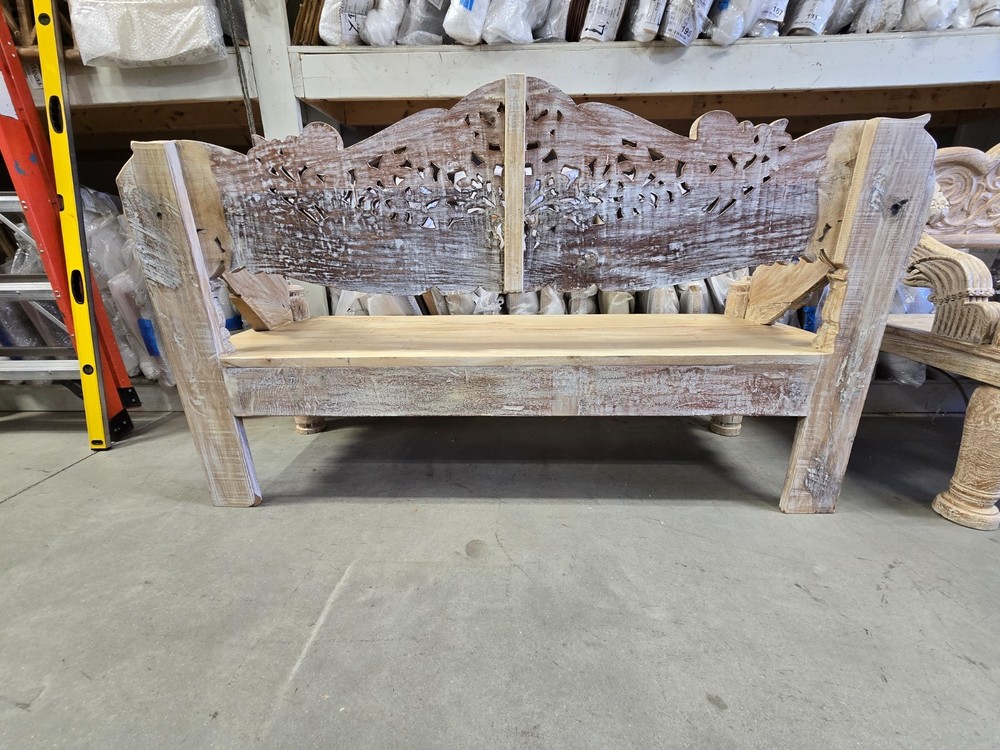 Reclaimed solid wood bench with floral carving design