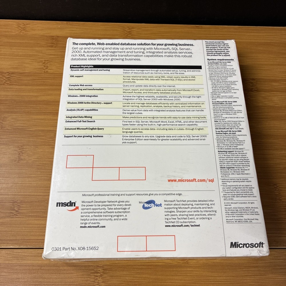 Microsoft SQL Server 2000 Standard Edition (includes 5 Client Access) New Sealed