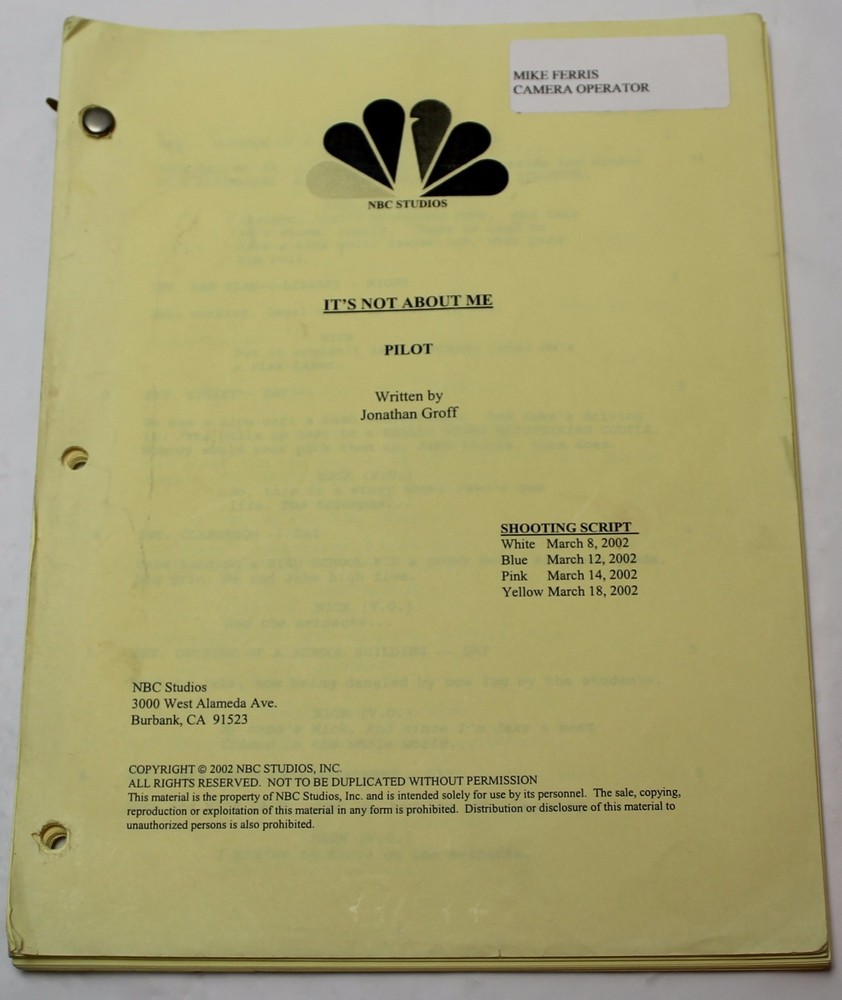 IT'S NOT ABOUT ME / 2002 Original NBC TV Script Unsold Pilot by Jonathan Groff