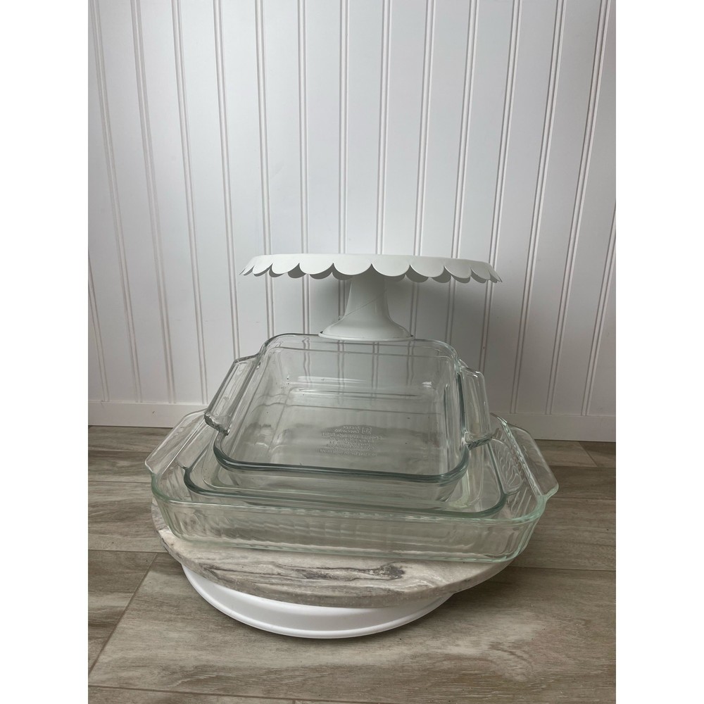 Pyrex VTG Borosilicate Bakeware Set 5pc Anchor Hocking Cake Stand Clear White