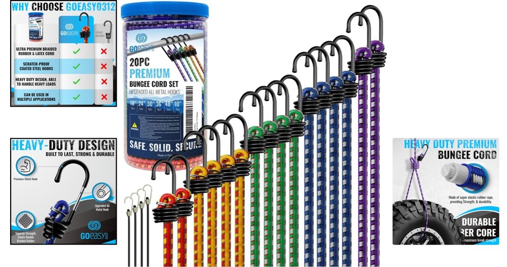 Durable 20-Piece Multicolor Bungee Cord Bundle with Hooks - Maximum Load 50kg