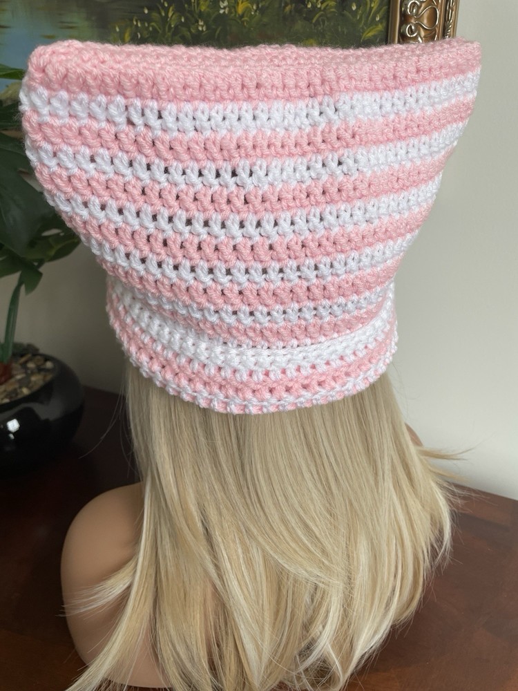 Pink and White Cat Ear Beanie Hat - Handcrafted