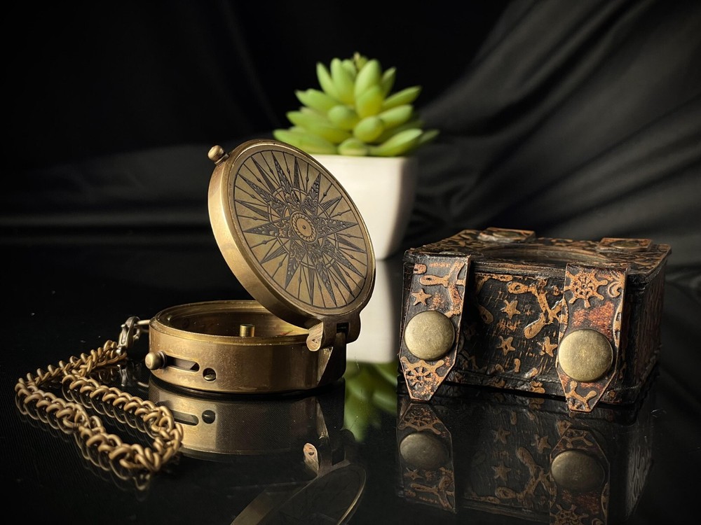 Brass Working Compass | Engraved Pocket Compass With Leather Case, Gift For Her