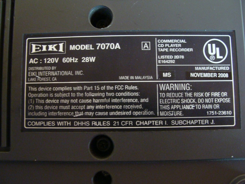 EIKI Tape Recorder/CD Player Model: 7070A