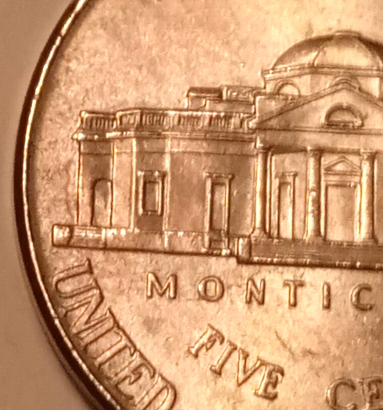 2017 P Jefferson Nickel with Early Stage "Bee Hive" Die Chip Error on Reverse