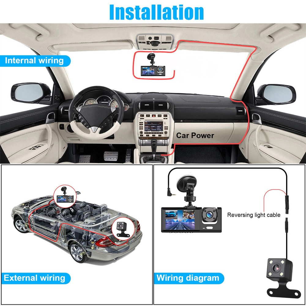 FHD 1080P Dash Camera Car DVR Front/Rear/Inside Recorder G-sensor Night Vision