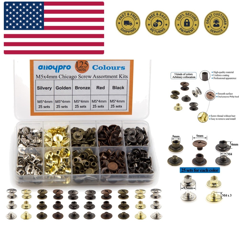 125 Sets Chicago Screws Assorted Kit 5 Color Leather Rivets Screw Rivets Flat...