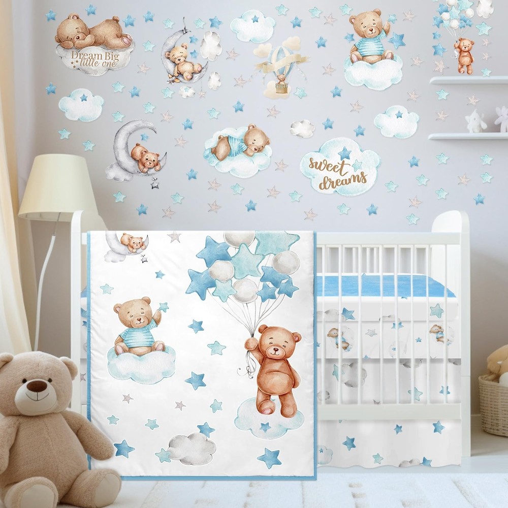 Mixweer 5 Pcs Crib Bedding Set for Toddlers Include Cloud Balloon Bear Theme ...
