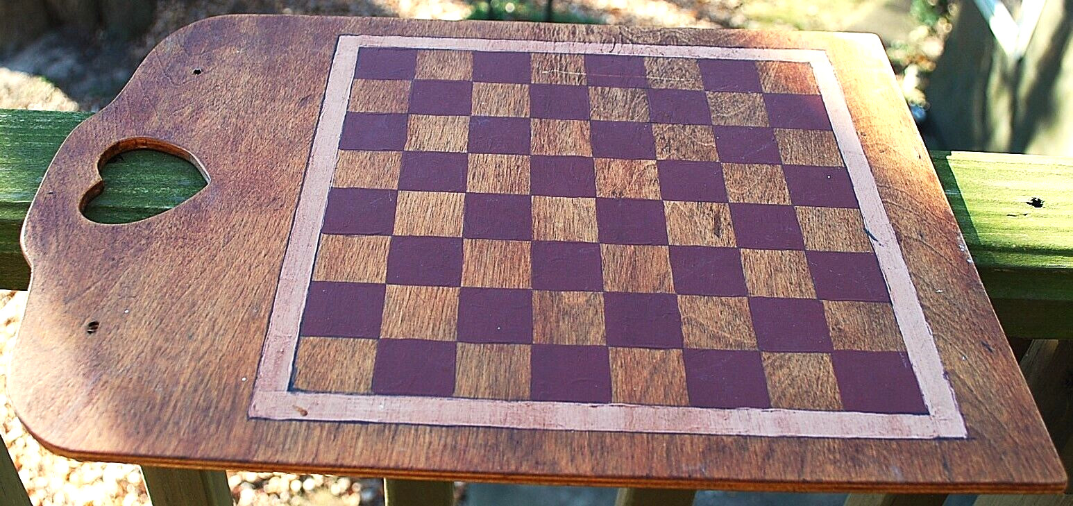 Antique PRIMITIVE HANDMADE Wood Checkerboard Original Paint Game Board 14"
