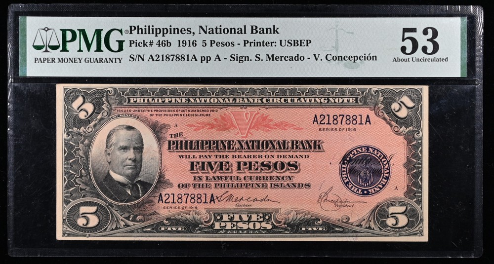 1916 PHILIPPINES 5 PESOS NOTE, PMG 53 PICK 46b