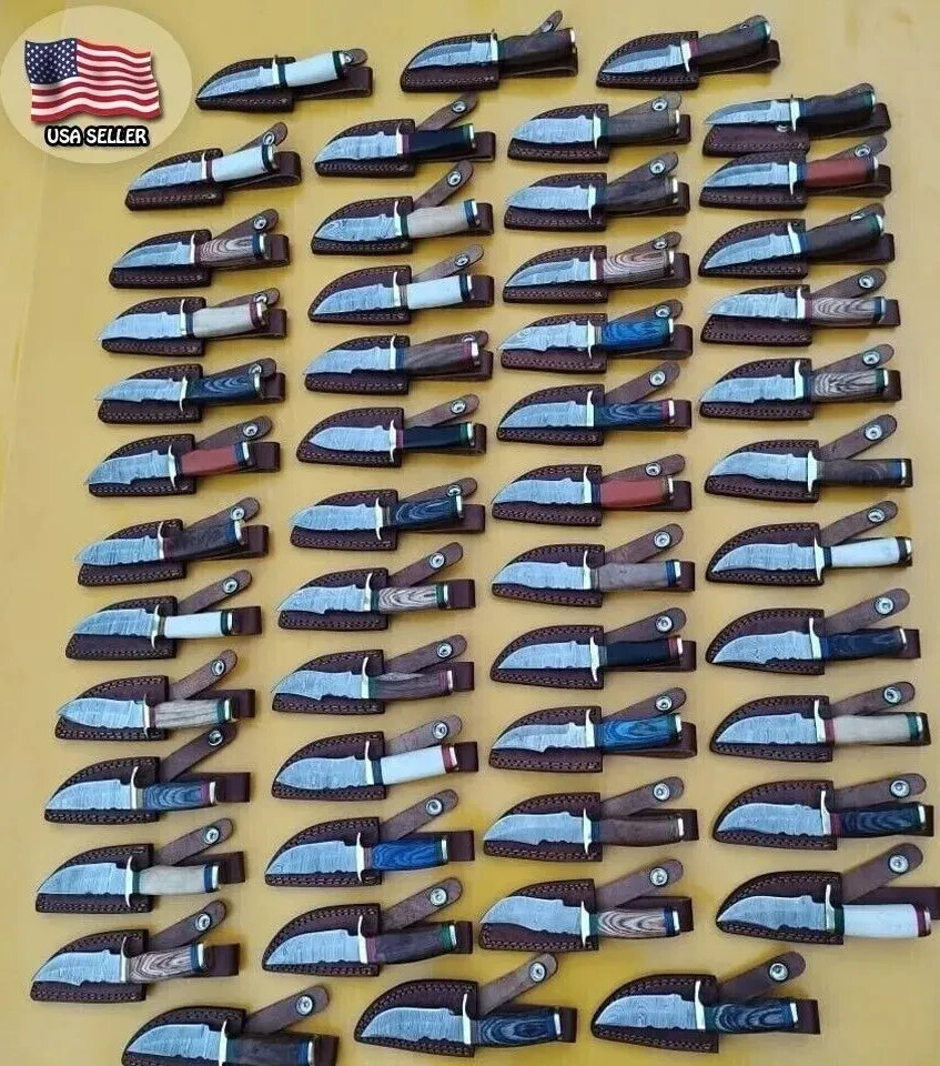 LOT OF 20 PCS DAMASCUS STEEL 6" IN SKINNER HUNTING KNIVES W/SHEATH FROM USA USPS