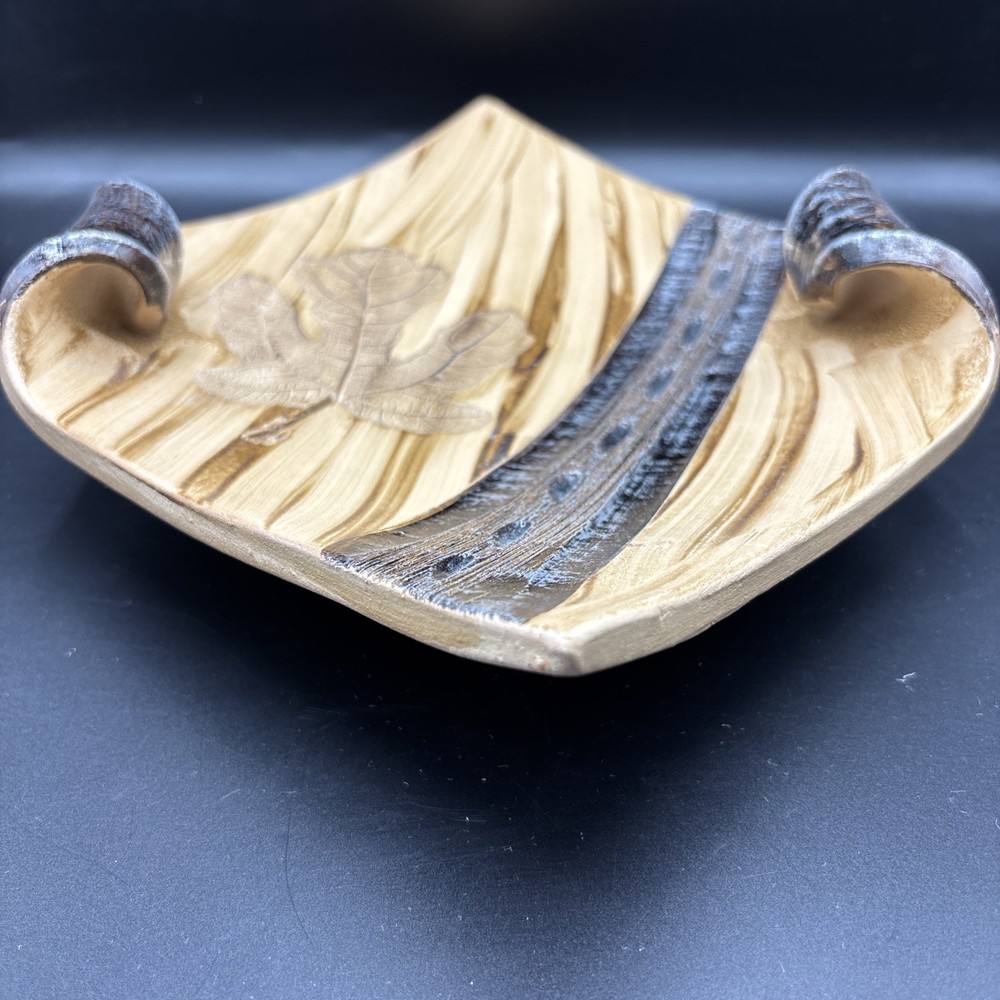 Studio Art Pottery Decor Dish Carved Leaf Pattern Metallic Curled Unsigned