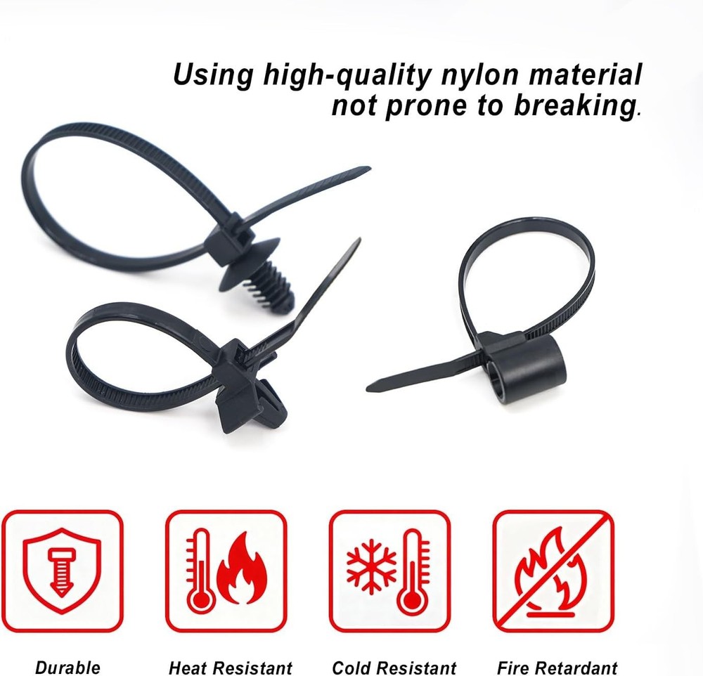 120 PCS Automotive Installation Black Push Mount Cable Zip Ties Assorted Size...