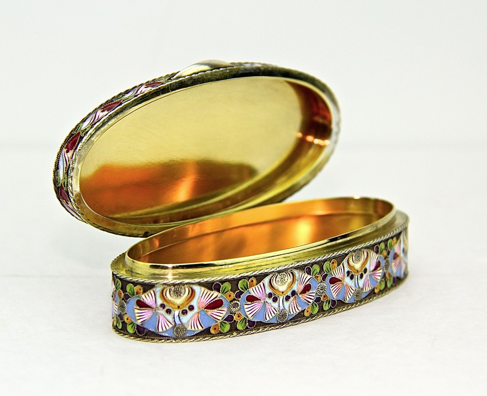 Russian 84 Silver Cloisonne Enamel Snuff or Pillbox