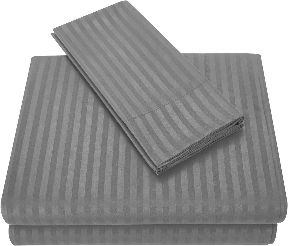 Queen Stylish Embossed Satin Stripe 4 Bed Sheet Set Brushed Microfiber Gray