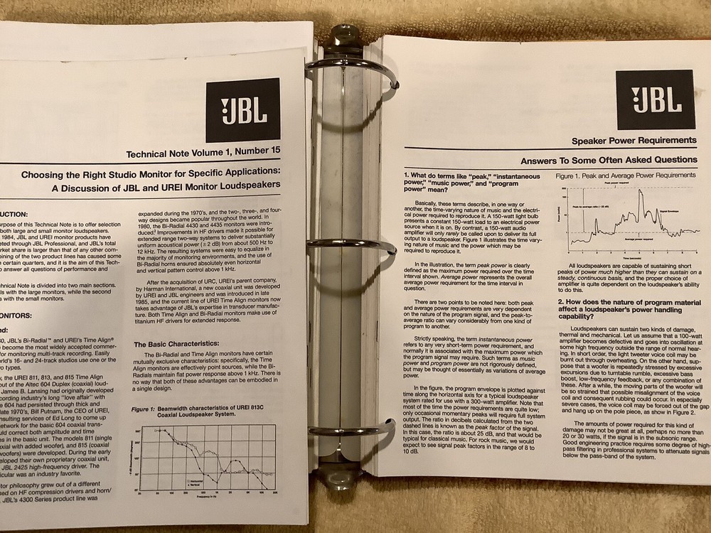 JBL TECHNICAL NOTES BINDER - Full Binder, See Photo 1987 Confrence