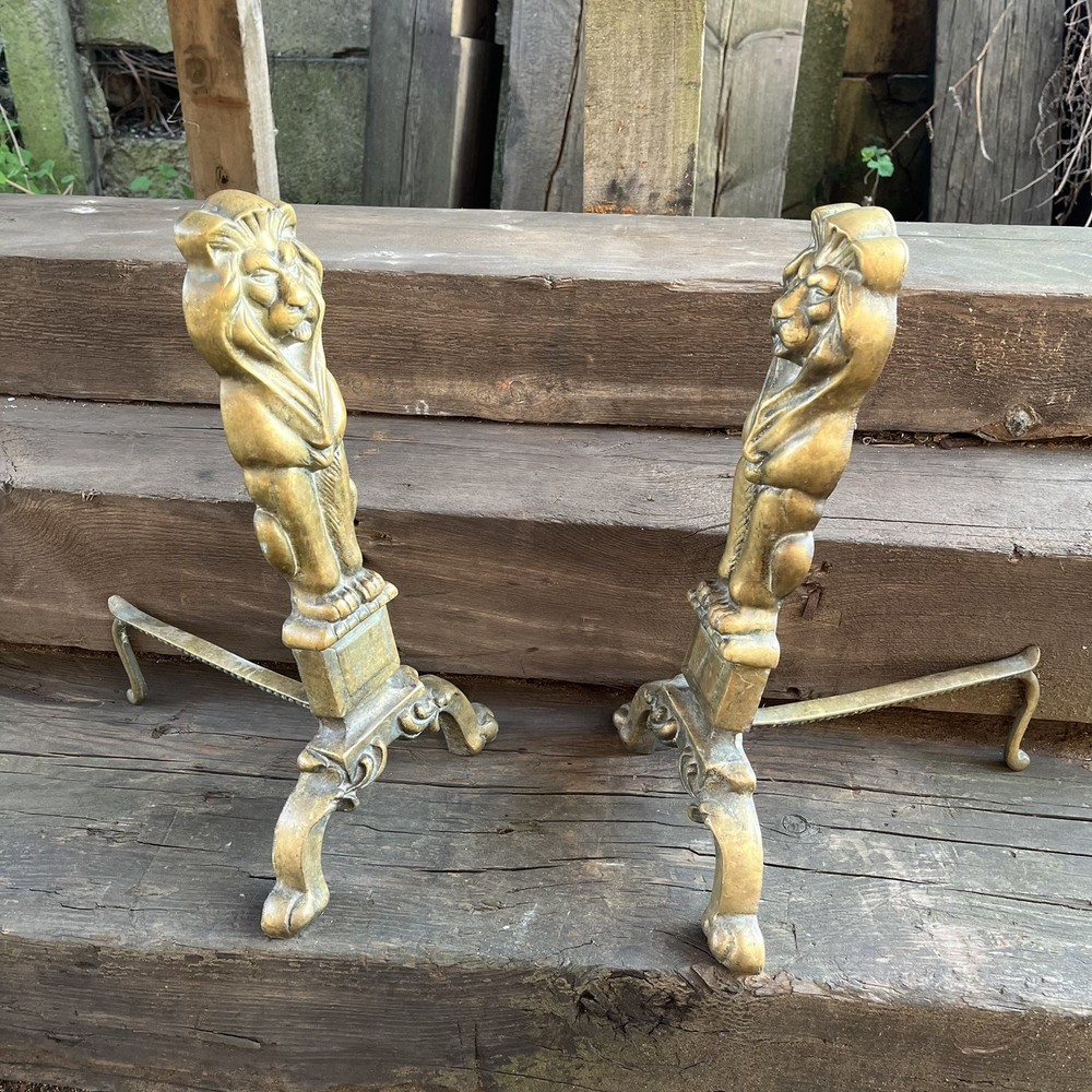 Antique Solid Brass Firedogs Lion Figure Country House