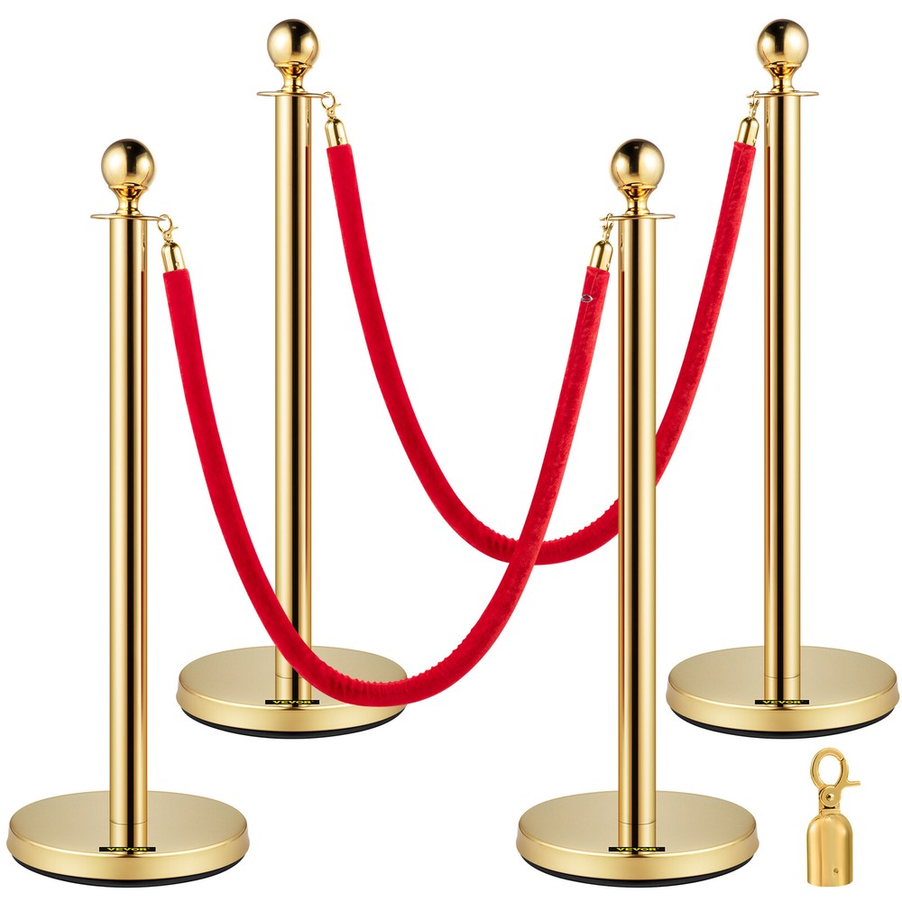 4PCS Gold Stainless Stanchion Posts 59" Velvet Ropes Crowd Control Queue Barrier