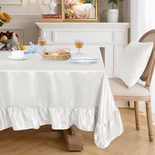 Satin Ruffle Edge Tablecloth - Satin Table 60" x 102" (Rectangular) White