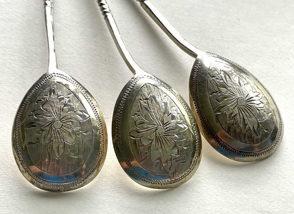 3 Russian Silver Spoons Twisted Handle Antique