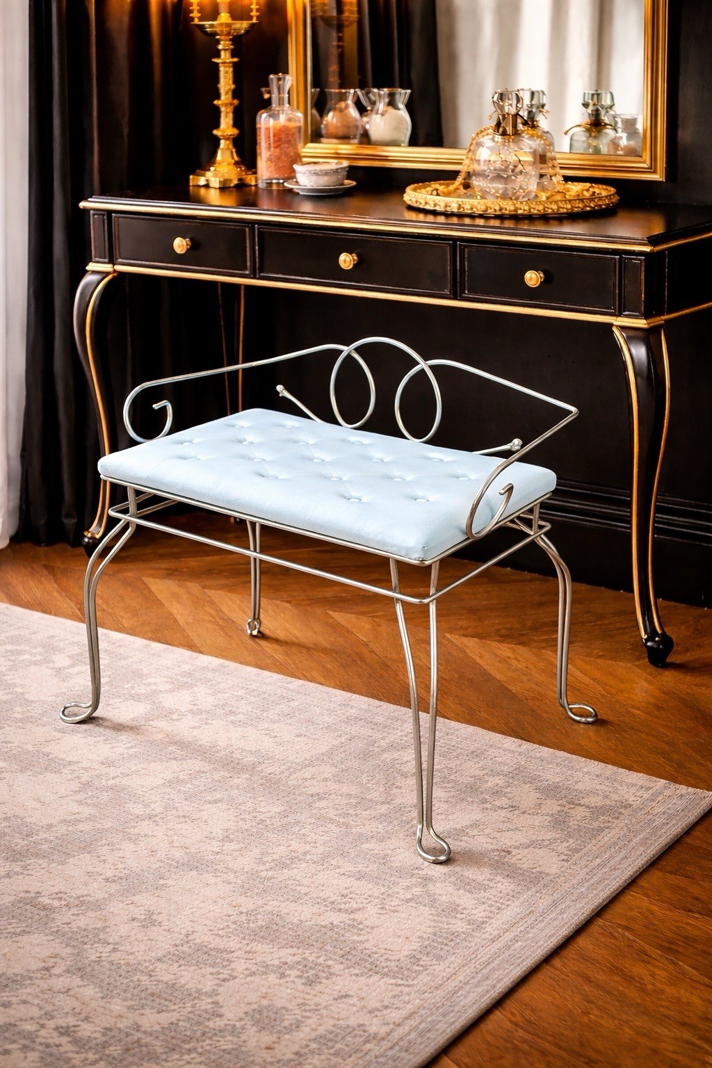 Vanity Bench White Tufted Seat Gold Metal Pearl Wick Vintage Stool