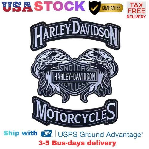 Harley-Davidson Double Eagle Patch Set 3-Pc Rocker Grey Embroidered Iron-On NEW