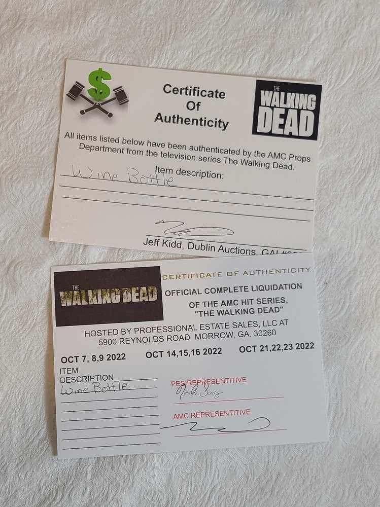 The Walking Dead Prop ‘Quantity 1’ Random Prop Wine Bottle With COA Box #139