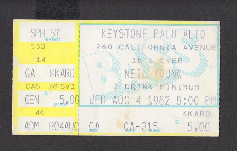 1982 Neil Young Ticket Stub Keystone Palo Alto CA 8-4-82