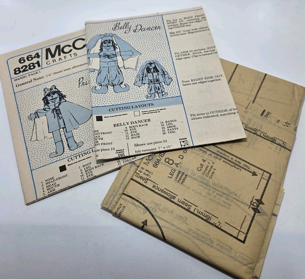 Uncut 1982 McCall's Sewing Pattern 8281 Felt Puppets Wizard Witch Belly Dancer