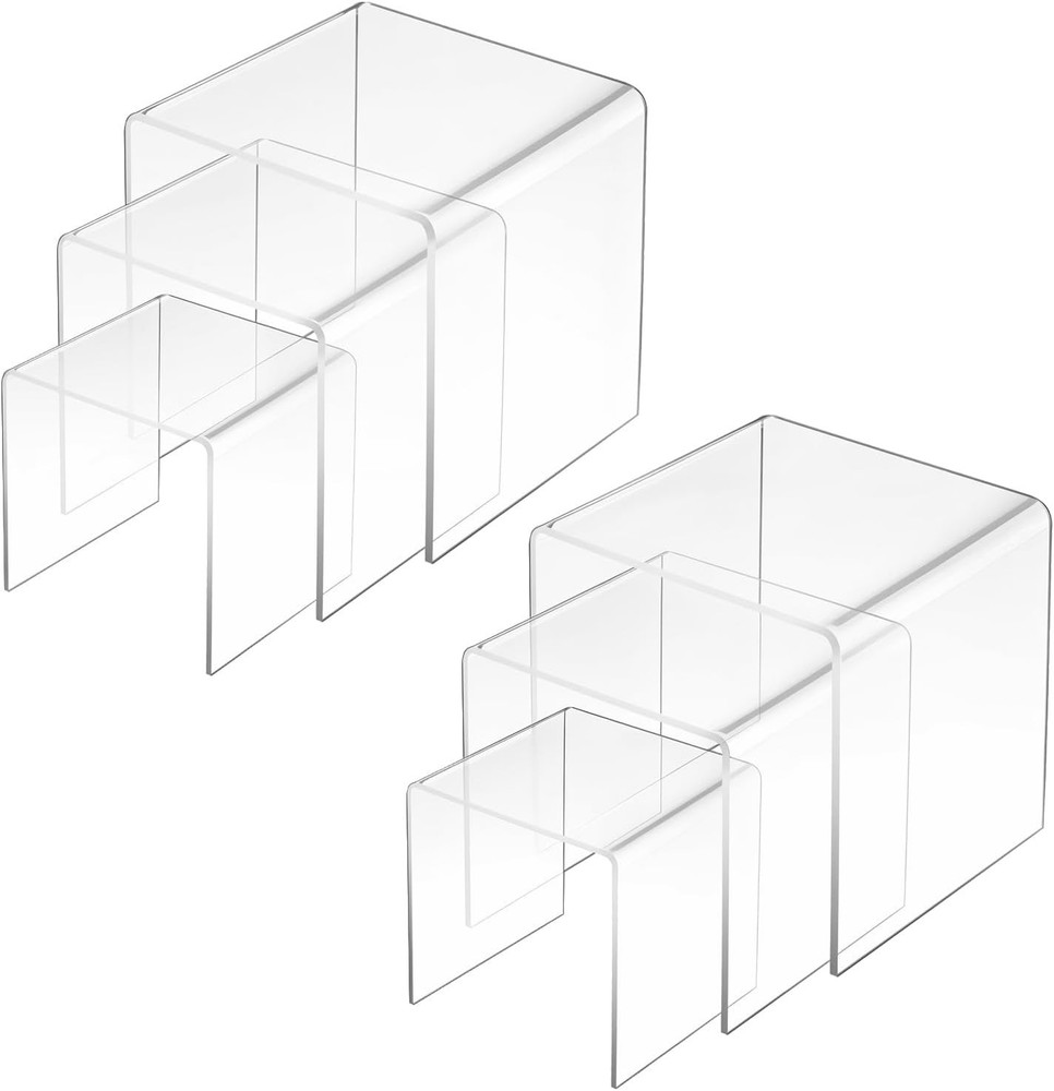 6 Pcs Clear Acrylic Risers Display Stands 0.2" Thick 2 Sets Square 3-Tier Ris...