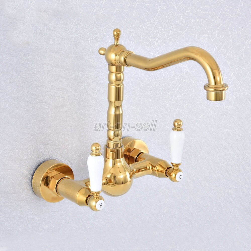 Luxury Gold Brass Wall Mount Ceramic Handles Kitchen Basin Sink Faucet Tap