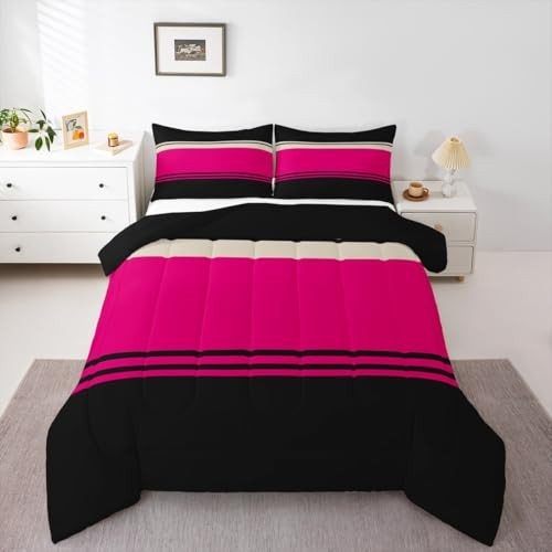 Patchwork Striped Comforter Set Hot Pink Black Stripes Bedding Queen Pattern 04