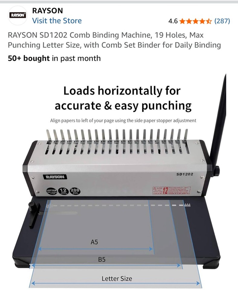 RAYSON SD1202 Comb Binding Machine, 19 Holes, Max Punching Letter Size, with ...